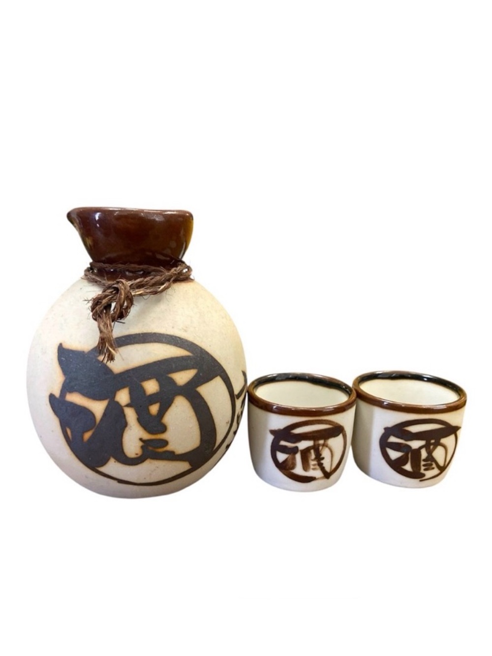 Vintage Japanese Mino Ware Sake Set Signed Tokkuri Bottle & 2 Cups Cream Glaze
